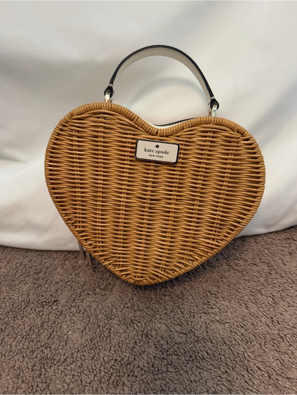 kate spade Heart-Shaped Wicker Mini Bag in Tan with Black Handle Trim